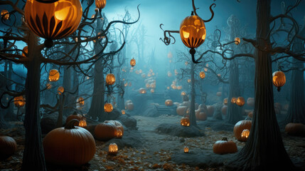 Wall Mural - halloween pumpkin in the garden AI Generative