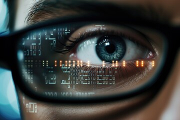 The programmer's eyes close up, and computer codes are reflected in the glass.