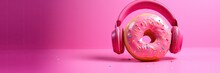 Donuts With Headphone On Pink Background, Space For Writing. Generative AI