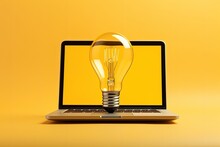 Light Bulb And Laptop On Yellow Background, Notebook, Technology Concept And Ideas. Generative AI