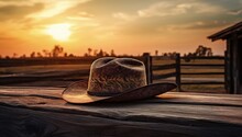 Landscape With Cowboy Hat And Farmland, Country Life Concept. Generative AI
