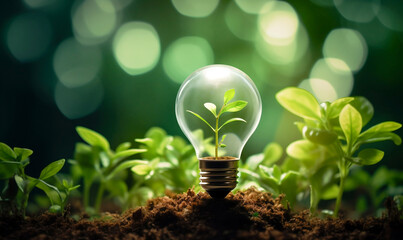 Saving energy and environment. Tree growth in light bulb for saving Ecology energy nature. Eco and Technology concept, Generative AI.