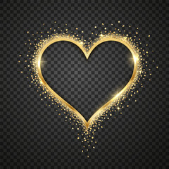 Golden glossy festive heart shaped frame. Realistic vector illustration. Design Element