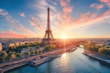 Wall Mural - aerial view of a sunset over majestic paris city with eiffel tower and seine river.