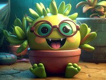 The 3D Render Shows A Happy And Plump Cactus Character With A Smiling Expression, Sitting Contentedly In A Pot.