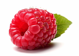 Sweet raspberry with leaf on white background.Macro.AI Generative.