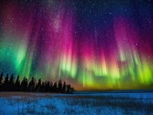 The Aurora Borealis Dances Across The Night Sky, Illuminating It With Stunning Hues Of Vibrant Green And Pink, Painting A Magnificent And Breathtaking Display Of Natural Colors.