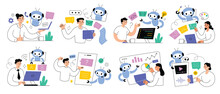 People Using AI To Create Content. Artificial Intelligence Making Texts, Art, Videos. Hand Drawn Set Of Compositions. Computer Users Communicating With Cute Robot. Chatbot Apps, AI Software Collection