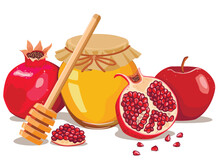 Rosh Hashanah Greeting Card Design With Hand Drawing Simbols Of Jewish New Year Apple, Honey And Pomegranate. Vector Illustration