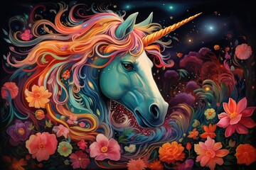  A design featuring a cute and colorful unicorn surrounded by stars and rainbows.