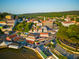 Kumkoy historic town center aerial view including the Black Sea seaside, Kumkoy, Sariyer district of Istanbul, Turkey. 