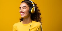 Joyful Woman With Headset On Yellow Background, Generative AI