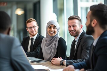 Successful multiethnic business people on a meeting. Generative AI.