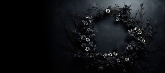 Poster - Generative AI, Close up wreath, blooming flowerbeds of amazing black flowers on dark moody floral textured background.