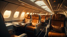 Luxurious Interior Of A Private Jet, Premium Business Class Seats For Luxury Air Travel, Posh First Class Airplane Cabin, Exclusive First Class Airplane Seating With Personal Entertainment System
