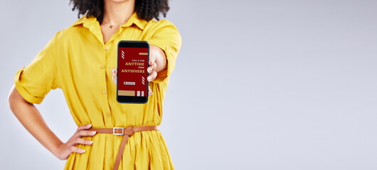 Poster - Hands, phone screen and woman with app for taxi isolated in studio on a white background mockup space. Smartphone, travel and person with application, advertising and marketing to call transportation