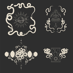 Wall Mural - magical forest elements. images of a snake, night moth, fly agaric mushrooms, plant and space elemen