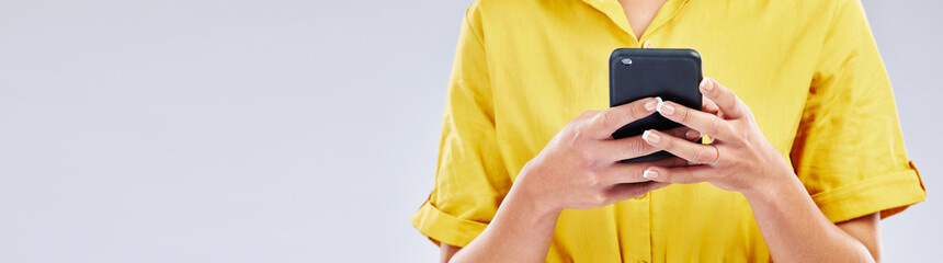 Poster - Phone, banner or hands of person in studio scrolling on social media, mobile app or internet. Online, research or closeup of woman typing on digital technology on white background with mock up space