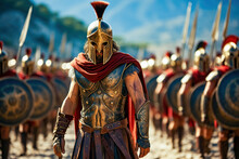 Spartan Army. Spartans Dressed In Armor March In Formation. 