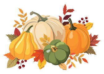 Colorful autumn pumpkins and forest leaves clipart. Isolated on white background. Seasonal design for greeting or poster.