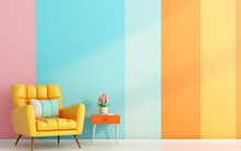 Pastel Multi Colour Vibrant Groovy Retro Striped Background Wall Frame With Bright Armchair Decor. Mock Up Template For Product Presentation.