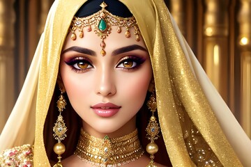 Beautiful Indian traditional woman with jewellery and makeup ai generative image