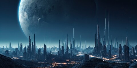 Illustration of a futuristic modern city at night with a big moon.