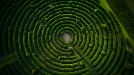 Bird's-eye view of the circular garden maze and the green pavilion. 3d illustration.. Generative.