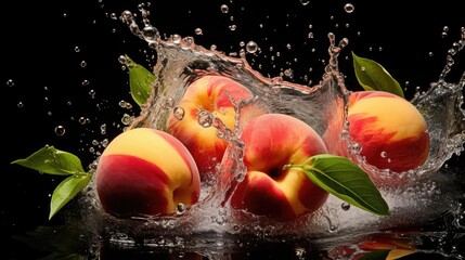  flying fresh peaches hit by water splash on black background and blur