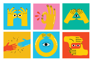 Groovy hippie set of colorful hands with different gestures. Hands with heart, eyes, together hands and etc. Hand drawn vector illustration.