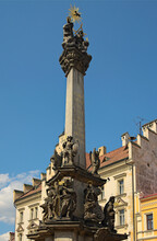 Detailed View Of Medieval Plague Column In Historic Center Of Loket Town, Bohemia, Sokolov, Karlovarsky Region, Czech Republic. Travel And Tourism Concept