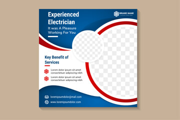 Wall Mural - experienced Electrician services promotional Square banner social media post or advertisment ads design template. circle space or photo collage. square layout with blue and red colors on element.