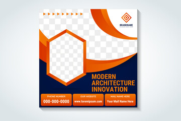 Poster - modern architecture innovation sale social media banner template and real estate social media post template. space for photo collage. combination blue and orange colors. square layout of mockup design