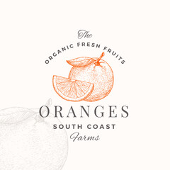 Wall Mural - oranges badge logo template. hand drawn fruit with slice and leaf sketch with retro typography. prem