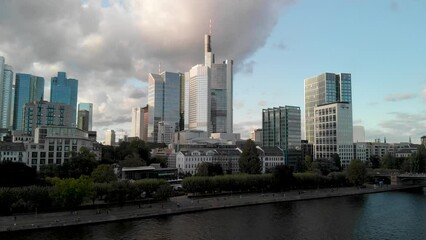 Poster - Aerial view of Frankfurt on Main River, sunset view from drone