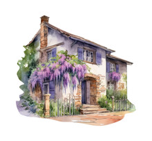 Watercolor Wisteria Flower House Clipart, Generative AI, Png Image.