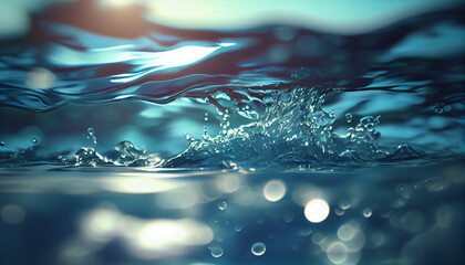 Water surface texture with bubbles and splashes that is defocused blurring transparent blue in color. Trendy abstract background of nature. The sea ripples in the sunlight Ai generated image