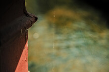 Close Up Of Spiderwebs Inbetween Red Wooden Posts, Cobwebs At Kearsney Abbey Gardens