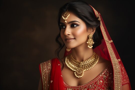 A young female of Indian ethnicity wearing traditional bridal costumes and jewellery.