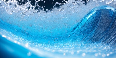 Water splash and wave swirl and drops. Liquid splashing aqua dynamic motion, blue water flow with spray droplets side view on blue sky background, realistic pure water splashes. Generative AI