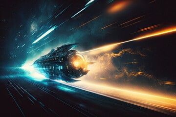 Wall Mural - A futuristic ship flies on a space highway