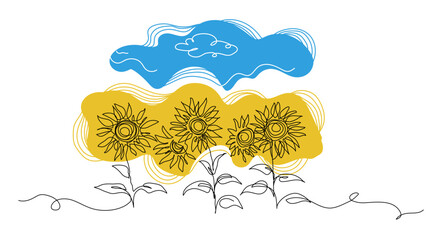 Poster - Sunflower field and sky simple vector line art illustration. One continuous line art drawing of sunflower field in colors of ukrainian flag blue and yellow