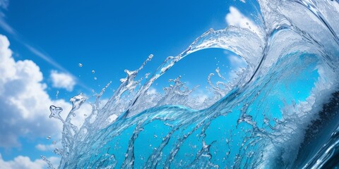 Water splash and wave swirl and drops. Liquid splashing aqua dynamic motion, blue water flow with spray droplets side view on blue sky background, realistic pure water splashes. Generative AI