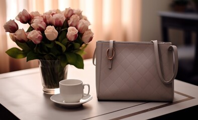 Wall Mural - Modern elegant leather bag on coffee table