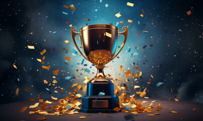 gold first place winners trophy with falling confetti and streamers
