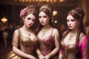 Wall Mural - Young ladies in masquerade dress on costume party. Magic, cosplay, carnival and fairy tale concept - Portrait of a young woman in image of Eastern fairy Princess on blurry background. Generative AI