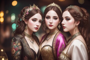 Wall Mural - Young ladies in masquerade dress on costume party. Magic, cosplay, carnival and fairy tale concept - Portrait of a young woman in image of Eastern fairy Princess on blurry background. Generative AI