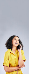 Poster - Happy woman, phone call and thinking on mockup space for communication against a white studio background. Female person smile in wonder for talking, conversation or discussion on mobile smartphone