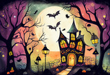 Fototapeta Big Ben - Halloween watercolor Generative AI