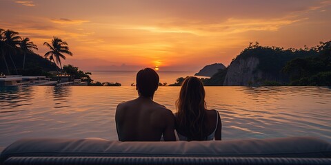 Poster - Loving couple of young people watching the sunset on a luxury vacation.